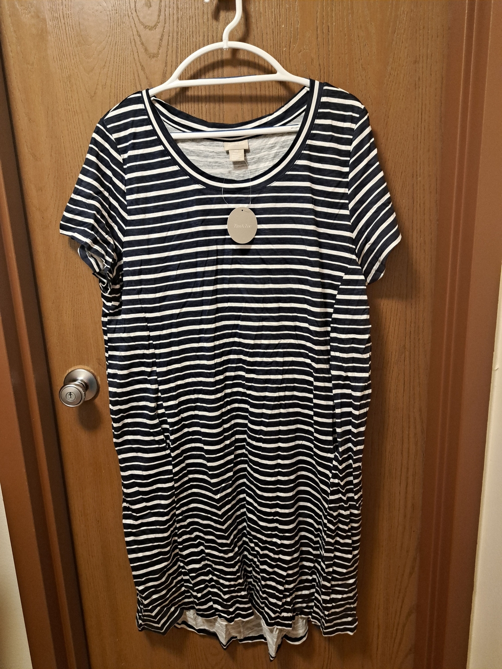 Striped Navy and White Midi Dress - Casual Crewneck